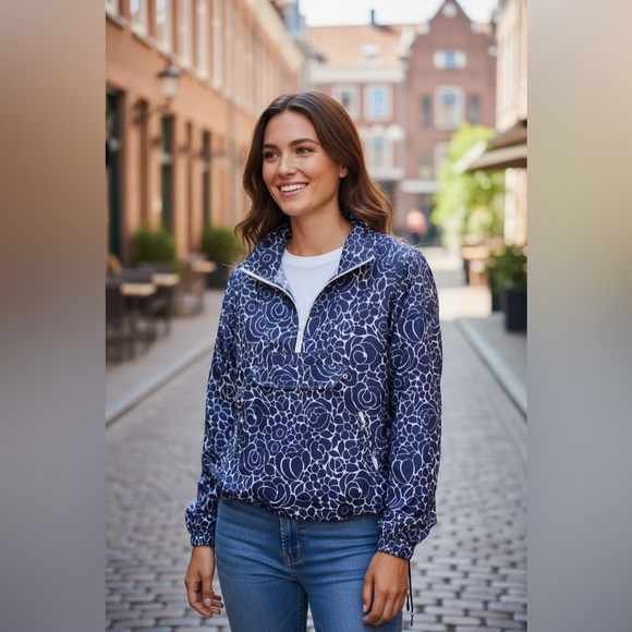 Boden Blue White Floral Hoodie Popover Windbreaker Jacket Size 8 NEW - Picture 1 of 6